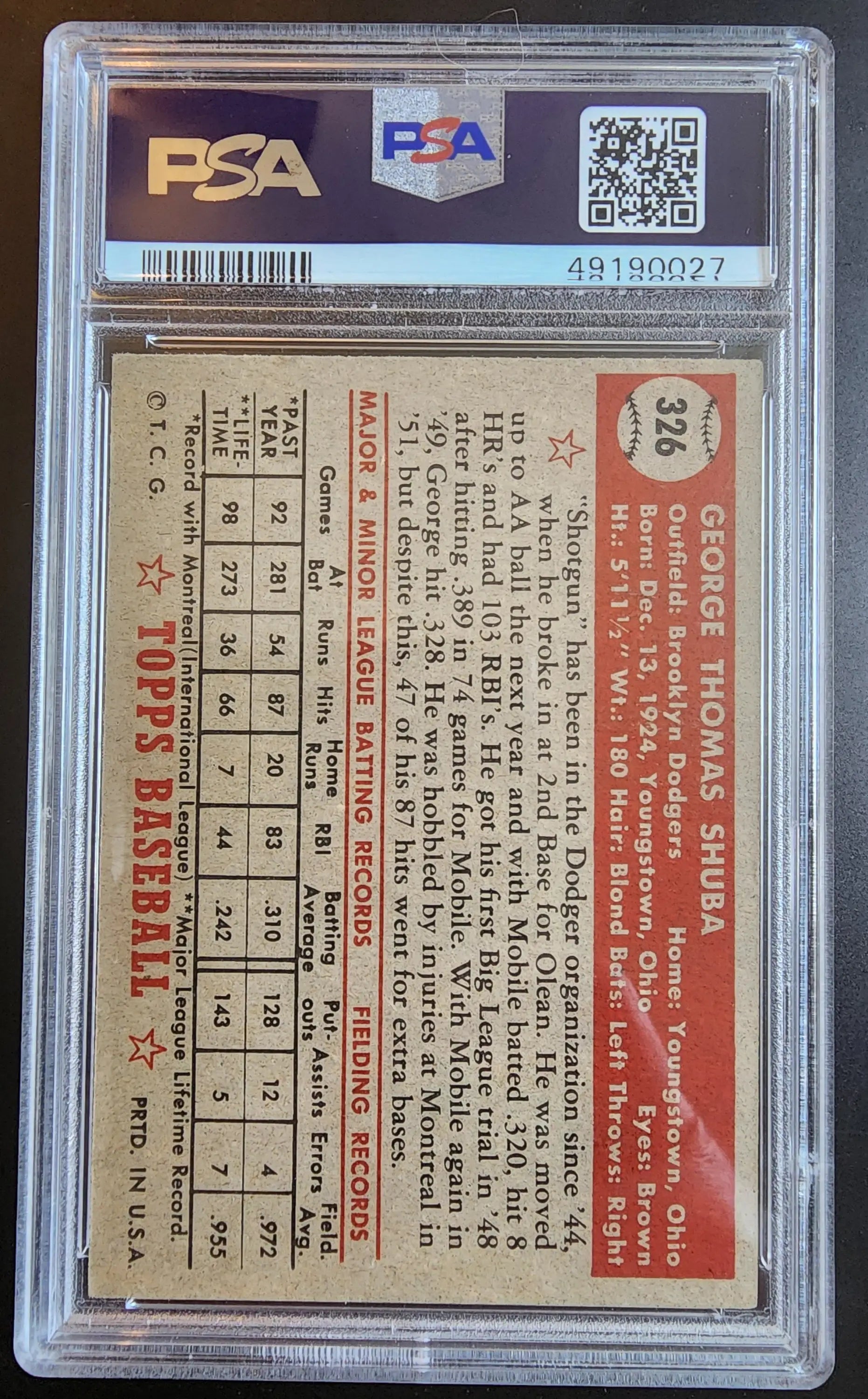 George Shuba 1952 Topps #326 PSA 4 vintage baseball card back with player stats