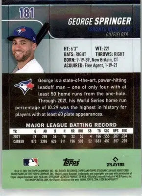 George Springer - 2022 Stadium Club Chrome - #181 - Baseball - Baseball Card Single