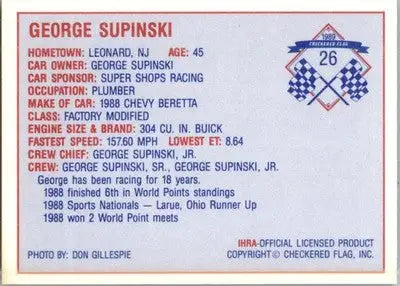George Supinski - 1989 Checkered Flag IHRA - #26 - Racing - Racing Card Single