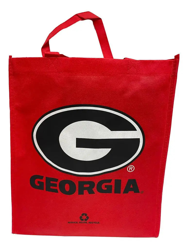 Red tote bag with University of Georgia logo, perfect for carrying sports trading cards