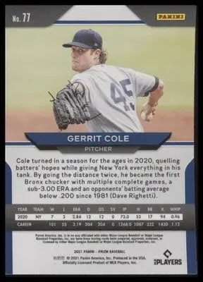 Gerrit Cole 2021 Panini Prizm #77 New York Yankees - Baseball Card Single