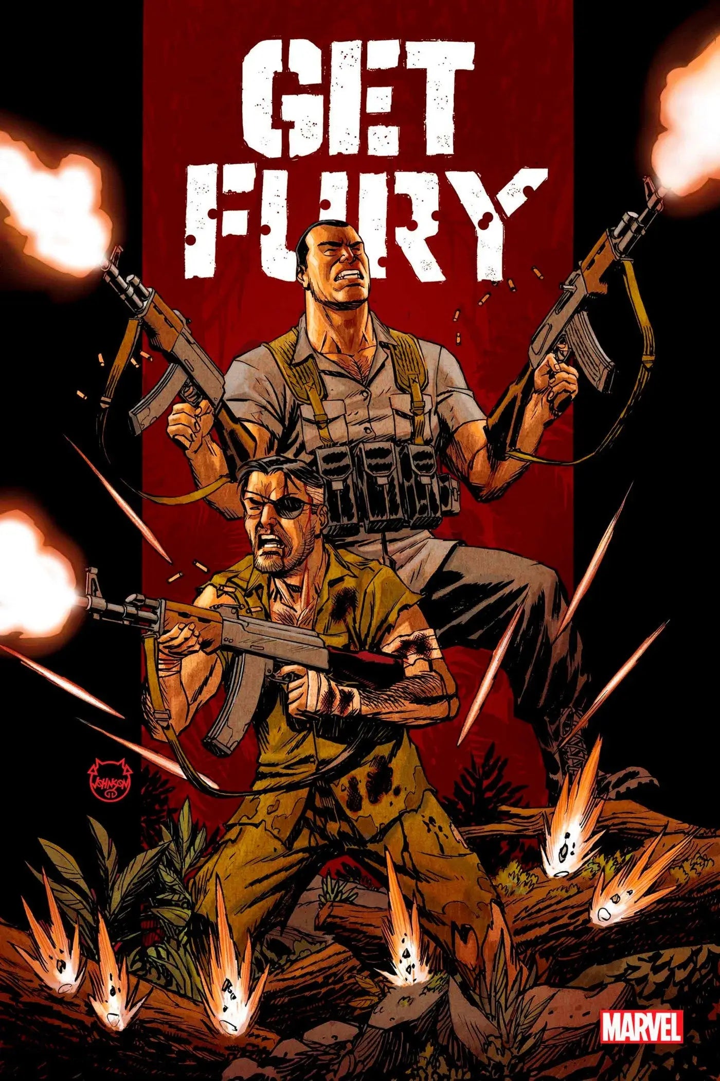 Action-packed comic book cover of Get Fury #6 with soldiers amidst explosions for trading cards
