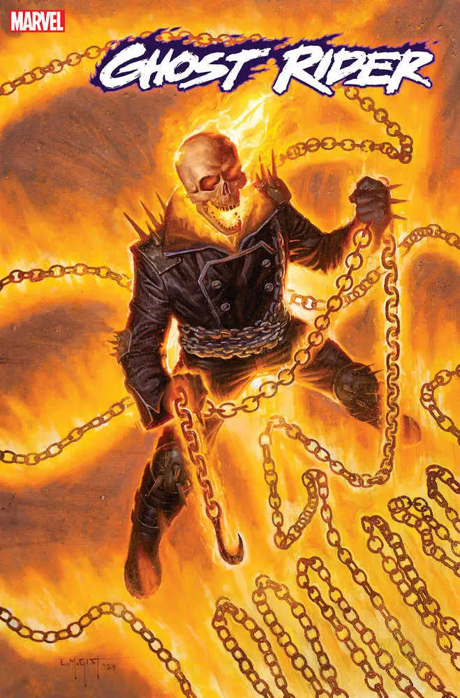 Flaming skeletal Ghost Rider in glowing chains on Marvel Comics cover for trading cards