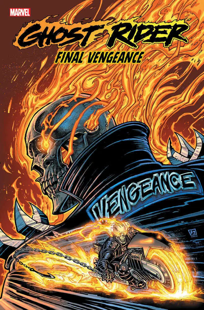 Flaming Skull-headed Ghost Rider on motorcycle with fiery backdrop in Chad Hardin Variant