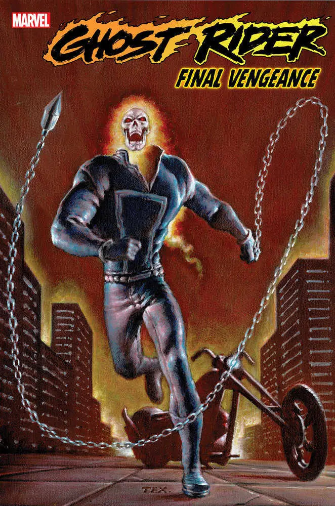Ghost Rider comic book cover with flaming skull and chains, Mark Texeira Variant