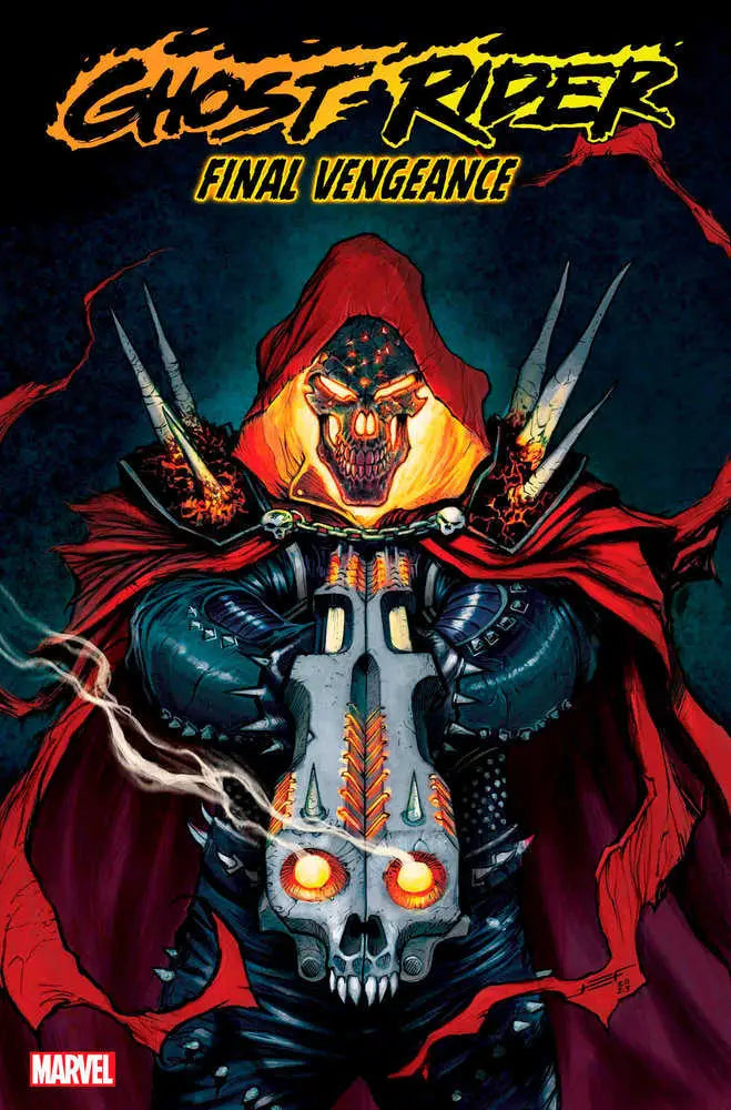 Menacing hooded figure with glowing eyes on a metallic skull in Ghost Rider trading card