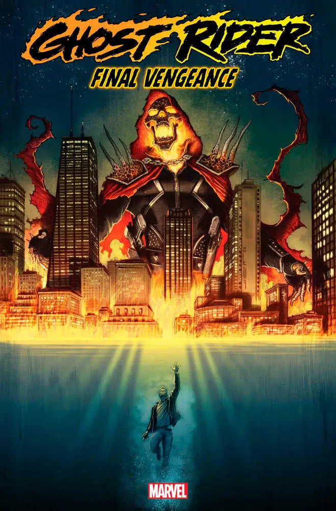 Flaming Ghost Rider skeletal figure with chains over a cityscape in trading cards