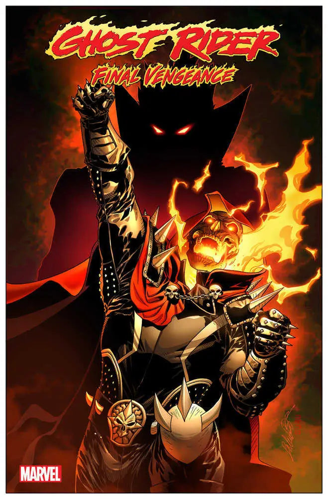 Fiery Ghost Rider in black leather with glowing red eyes for trading cards variant