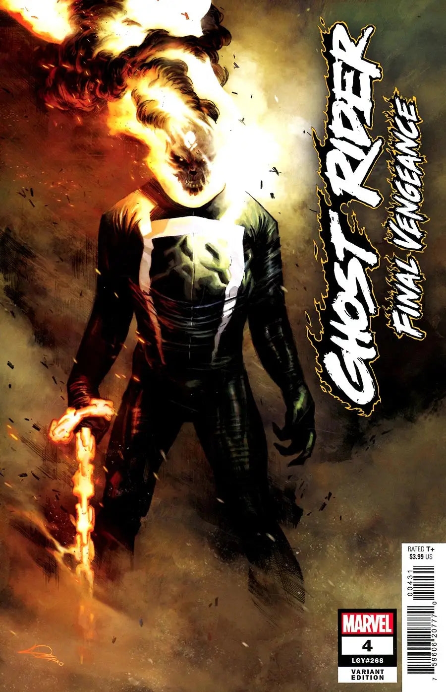 Fiery figure in black leather representing Ghost Rider on trading cards variant