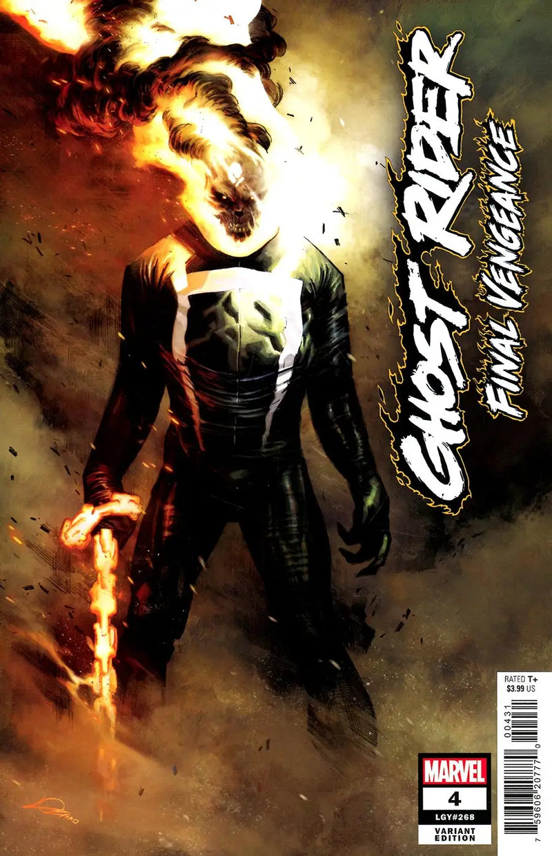 Fiery figure in black leather representing Ghost Rider on trading cards variant