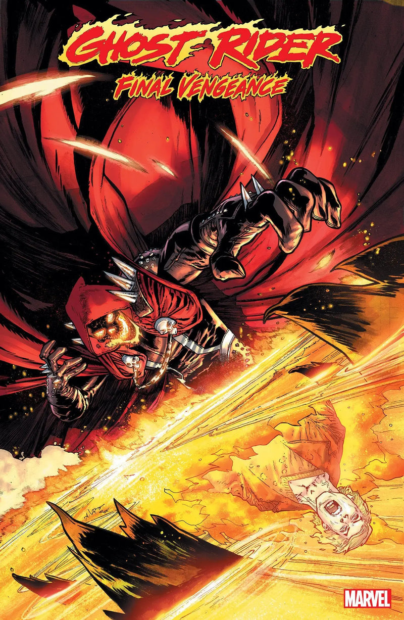Flaming skeletal figure on motorcycle with fiery chains from Ghost Rider trading cards