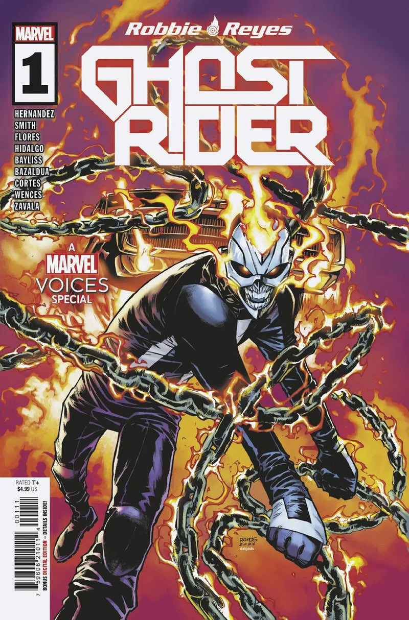 Comic book cover of Ghost Rider Robbie Reyes engulfed in flames against a purple backdrop