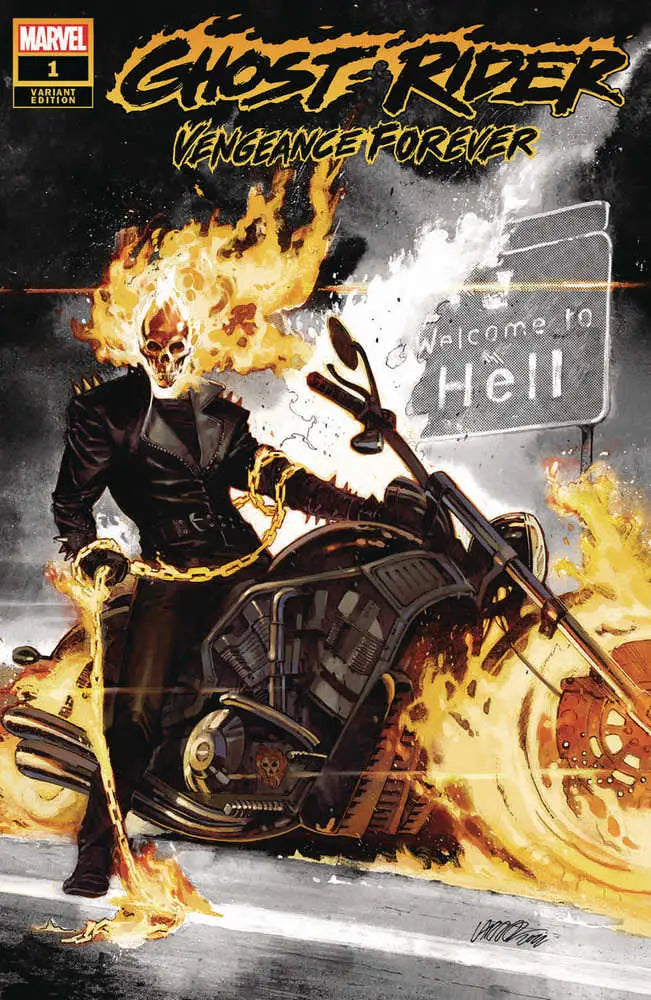 Flaming motorcycle rider in black leather by Welcome to Hell sign for Ghost Rider Vengeance Forever trading cards