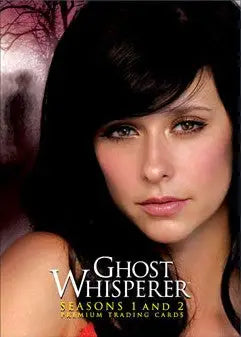 Portrait of a young woman on a Ghost Whisperer promotional card with dark hair