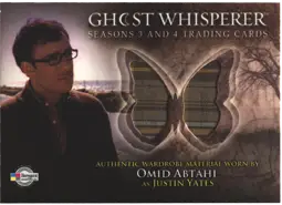 Trading card featuring Justin Yates with butterfly cutout and sunglasses in costume card