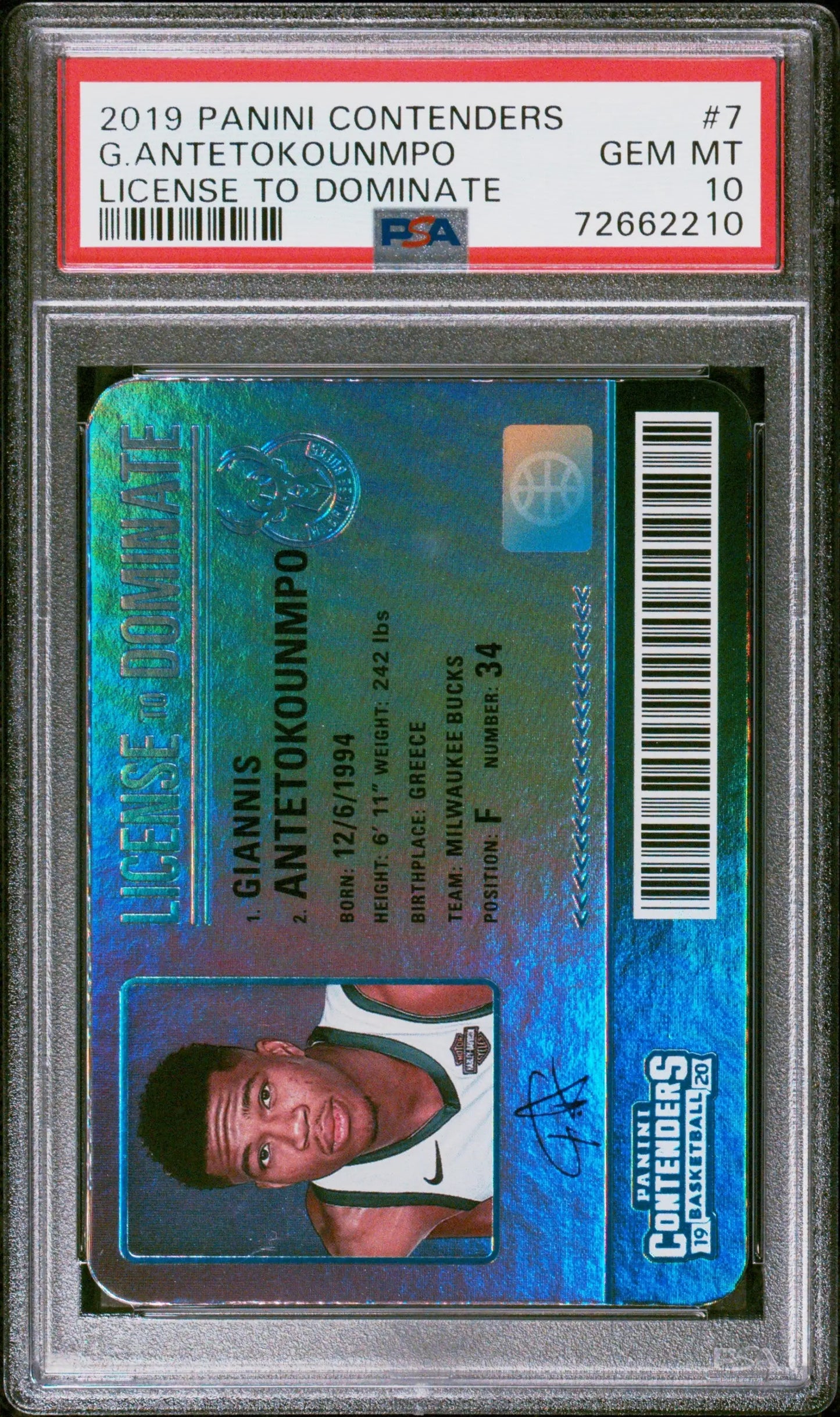 Giannis Antetokounmpo 2019 Contenders License to Dominate PSA 10 basketball card