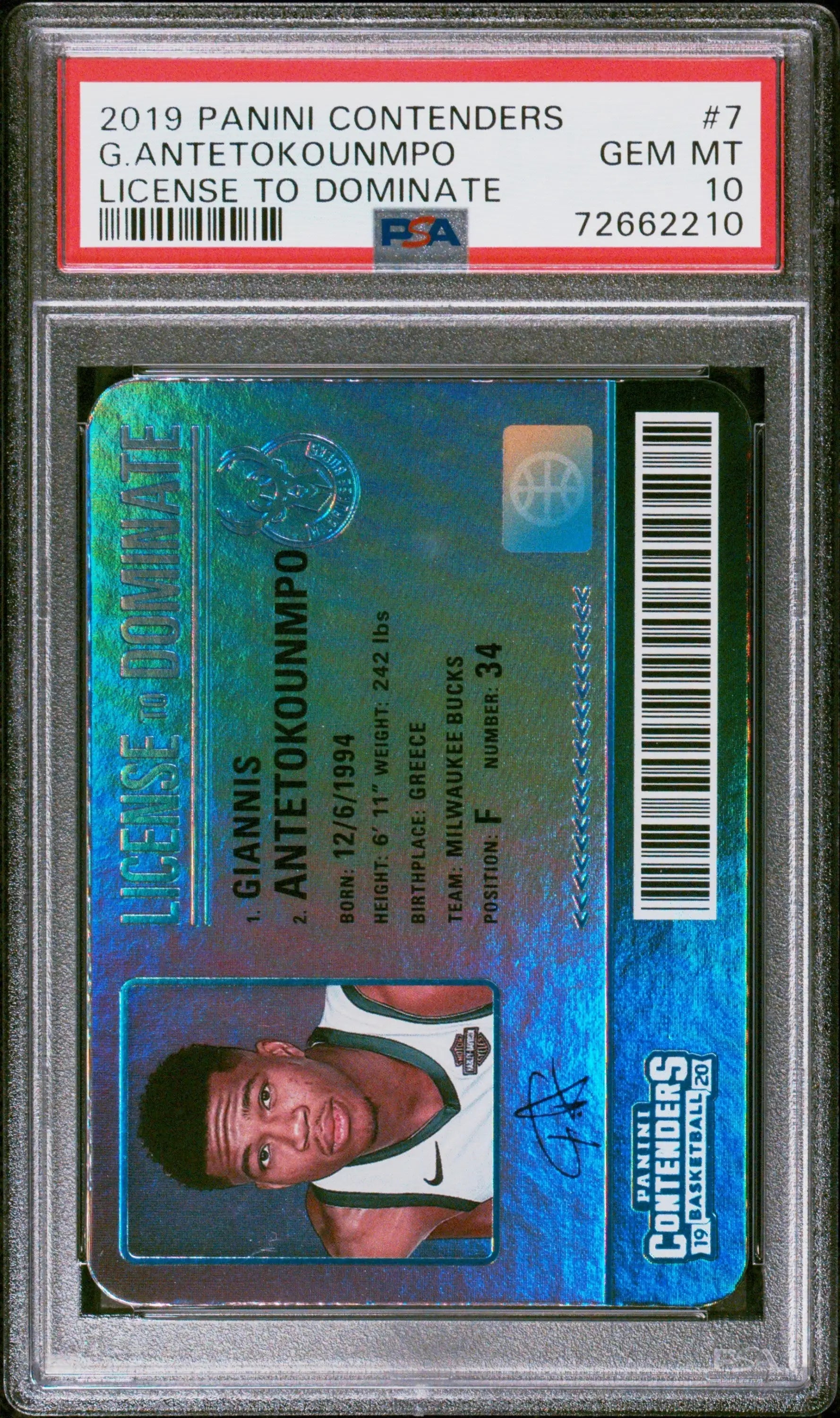 Giannis Antetokounmpo 2019 Contenders License to Dominate PSA 10 basketball card