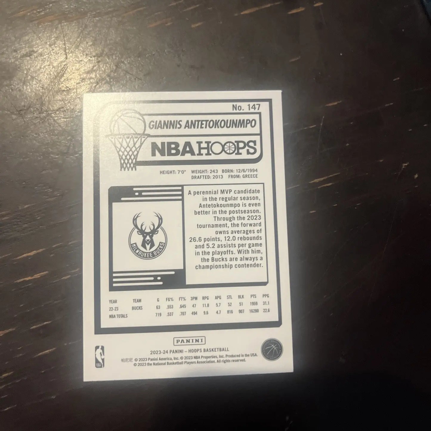 Giannis Antetokounmpo NBA Hoops trading card featuring the Milwaukee Bucks #147