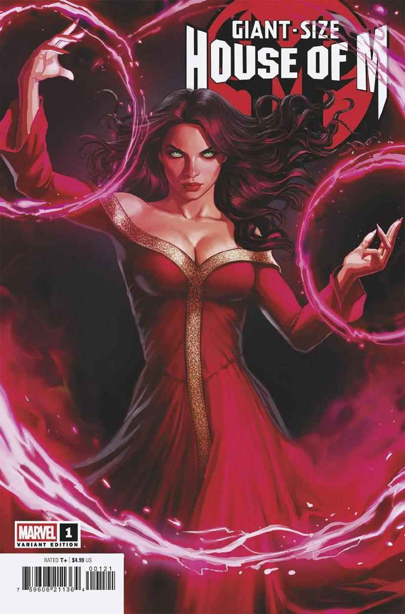 Comic book featuring a woman in a red dress with pink energy, Giant-Size House Of M #1 Ivan Talavera Variant