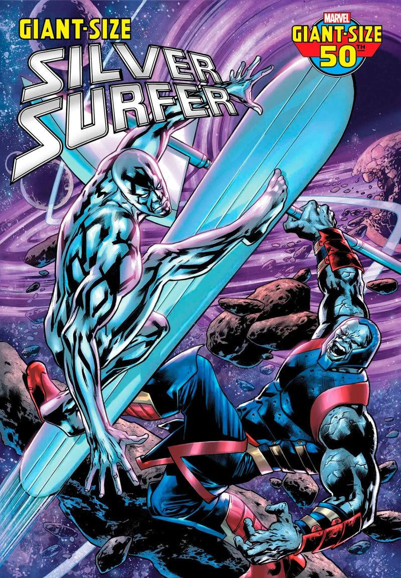 Comic book cover of Silver Surfer riding cosmic surfboard in Giant-Size Silver Surfer #1