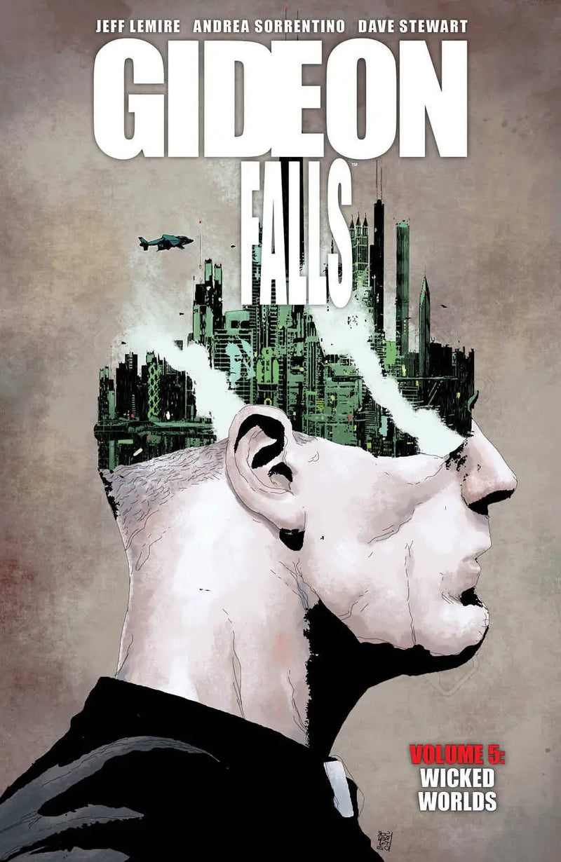 GIDEON FALLS TP VOL 05 comic book cover with man’s head transforming into cityscape