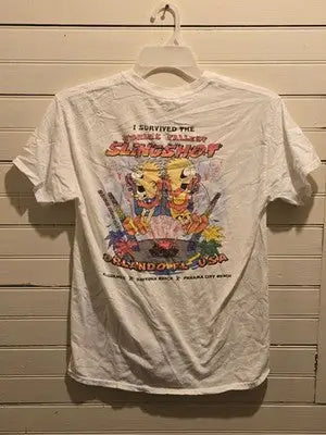 Gildan T-Shirt Mens M White SLINGSHOT Orlando Graphic I Survived Theme Park Tee - Apparel