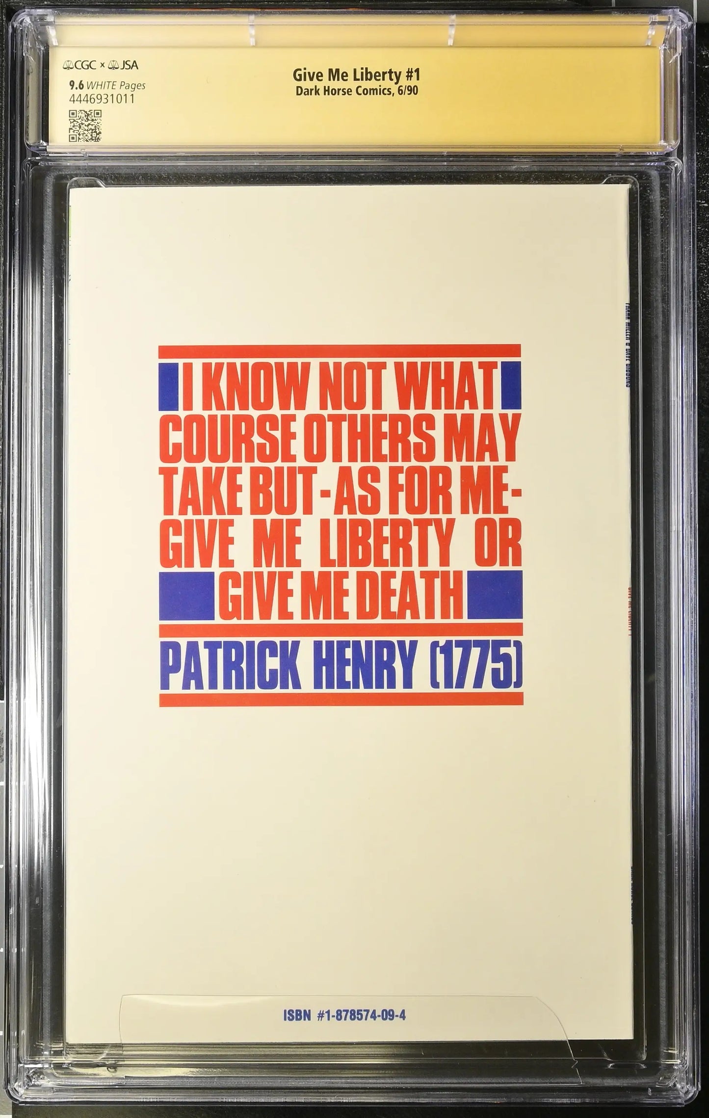 Framed patriotic quote by Patrick Henry in red and blue for Frank Miller trading card