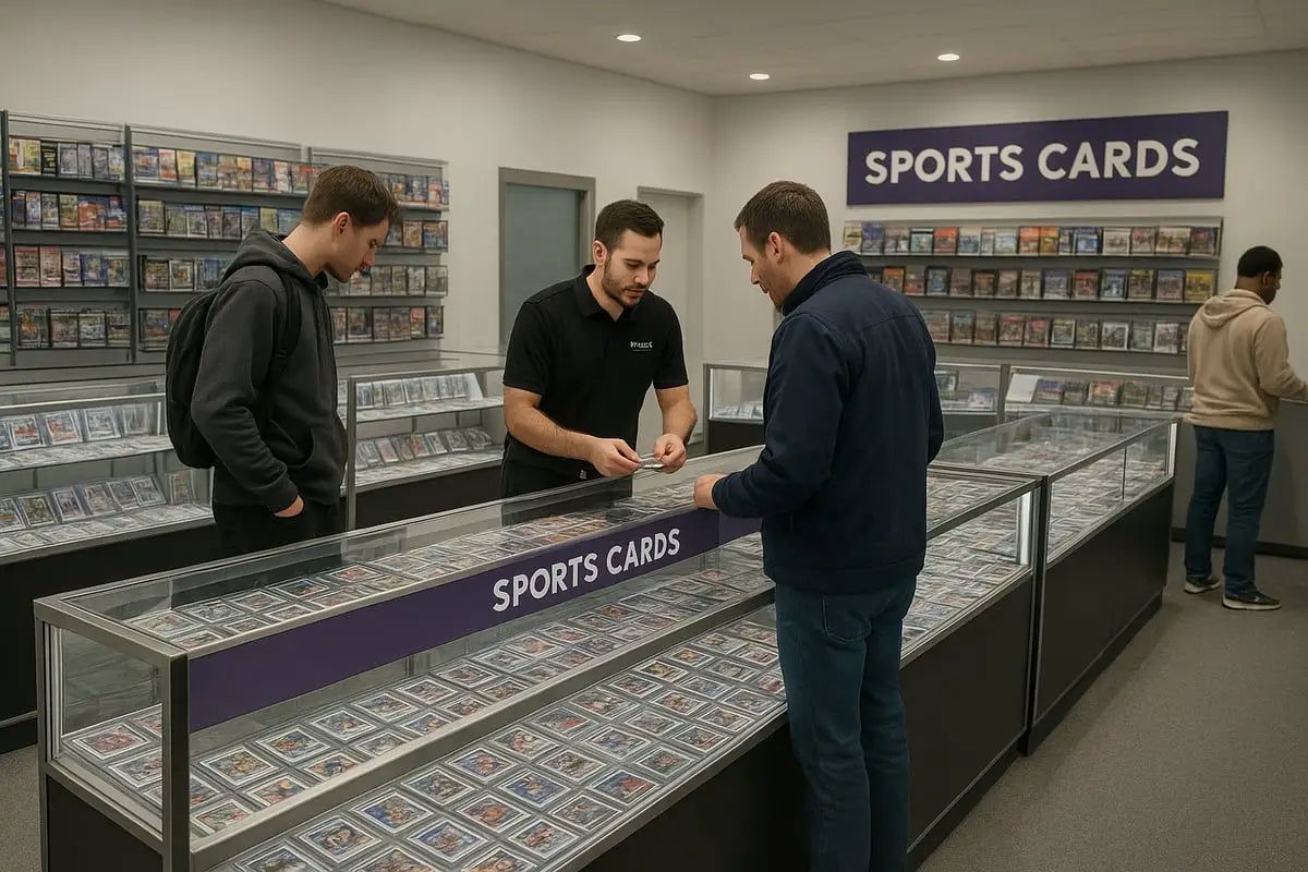 Glass sports card display case in store under purple sign