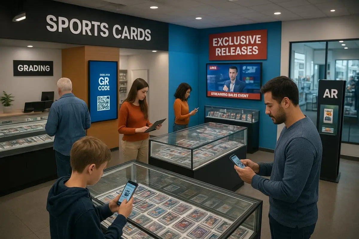 Glass display case of sports cards in card store