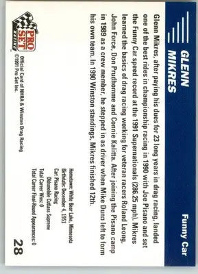 Glenn Mikres - 1991 Pro Set NHRA - #28 - Racing - Racing Card Single