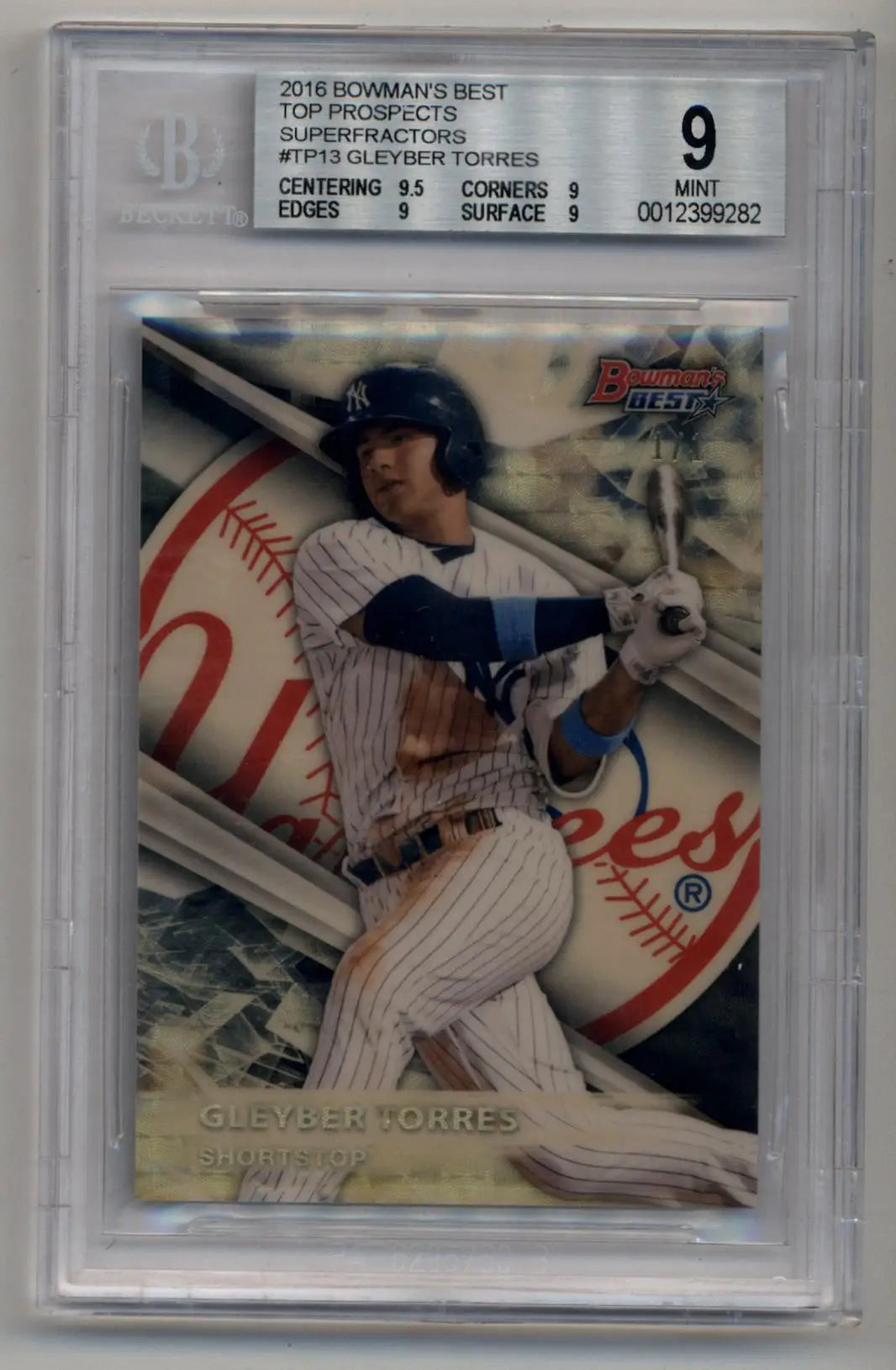 Graded Gleyber Torres TP13 Superfractor baseball trading card from Bowman’s Best