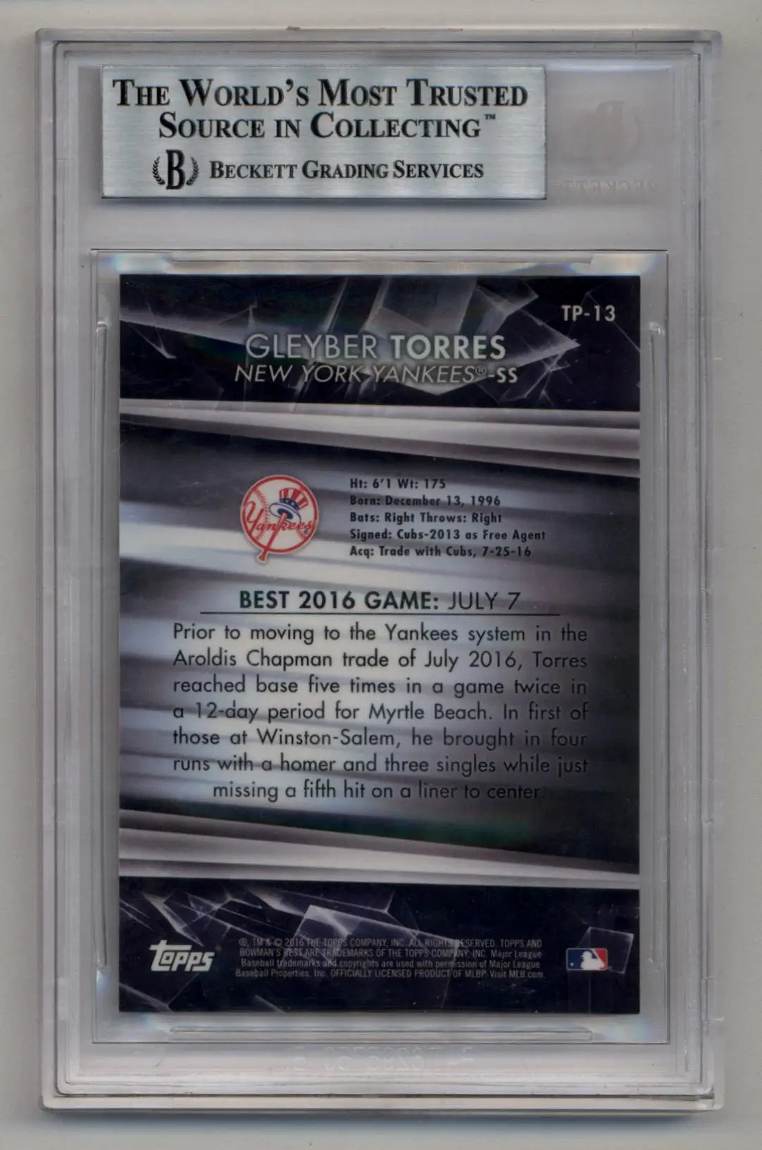 Beckett-graded Gleyber Torres 2016 Bowman’s Best TP13 Superfractor 1/1 baseball card
