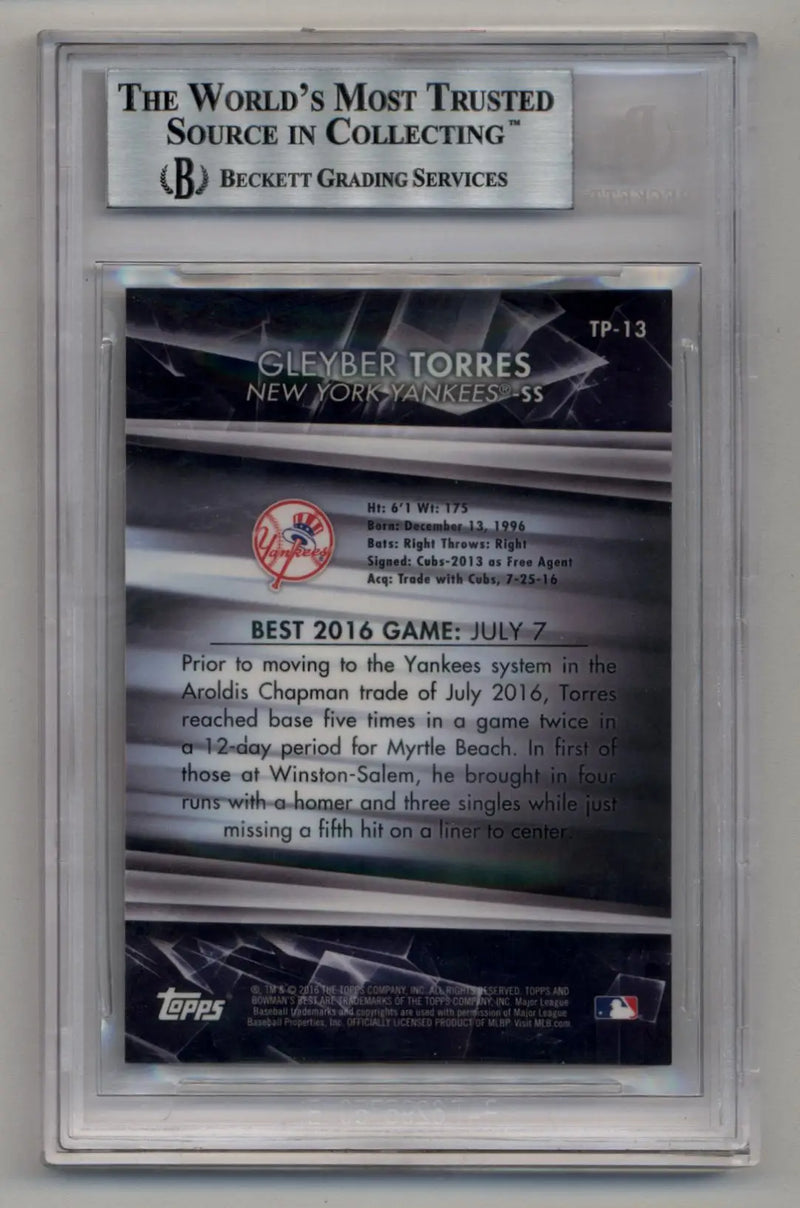 Beckett-graded Gleyber Torres 2016 Bowman’s Best TP13 Superfractor 1/1 baseball card
