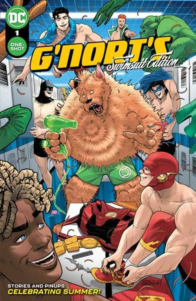 A roaring brown bear with DC Comics superheroes on Gnorts Illustrated Swimsuit Edition cover