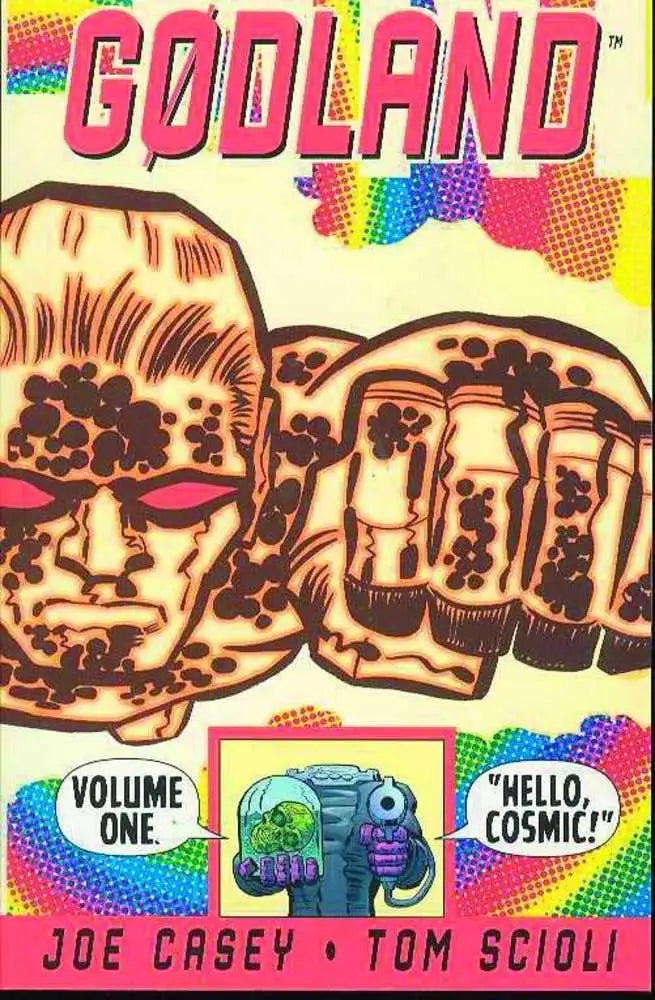 Comic book cover for Godland TPB Volume 01 Hello Cosmic featuring vibrant artwork