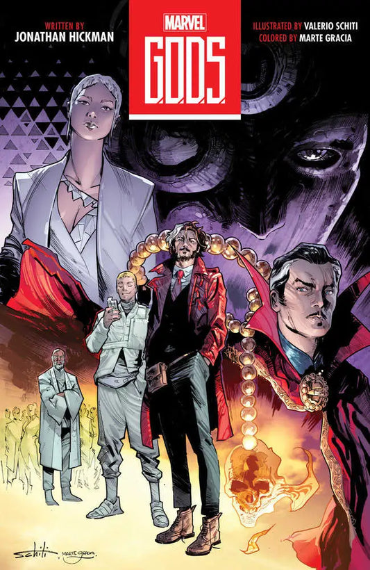 Marvel Gods comic book cover from the Gods TPB featuring artwork by Valerio Schiti in the Marvel universe