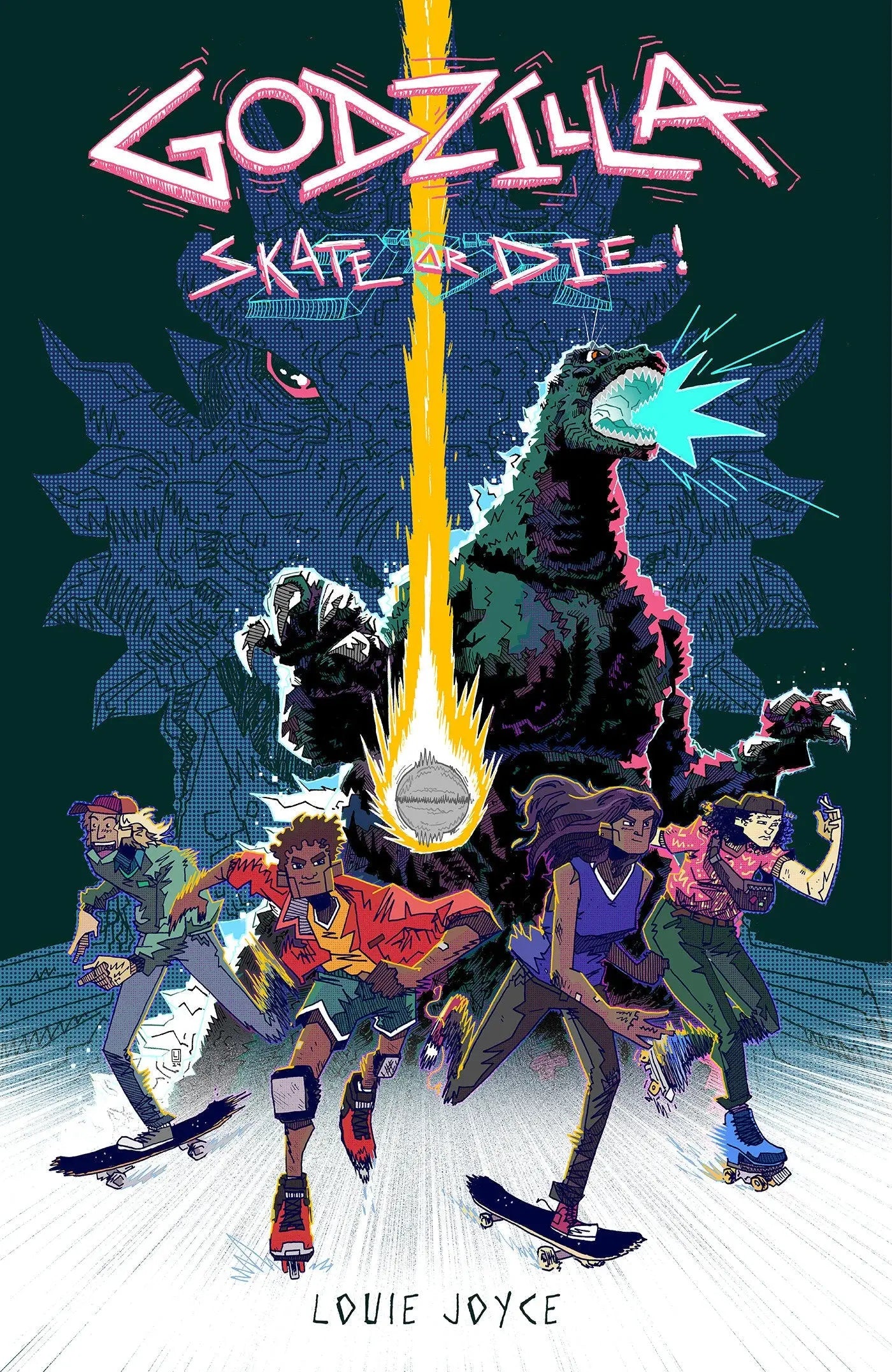 Godzilla skateboarding adventure from Godzilla Skate Or Die game on colorful background