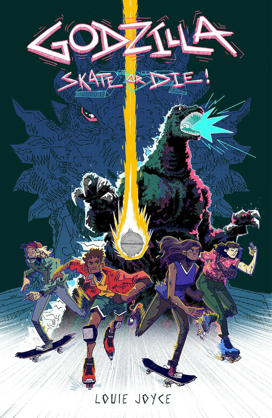 Godzilla skateboarding adventure from Godzilla Skate Or Die game on colorful background