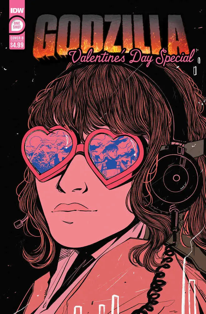 Comic book cover for Godzilla Valentine’s Day Special with heart-shaped sunglasses reflecting kaiju battles and trading cards
