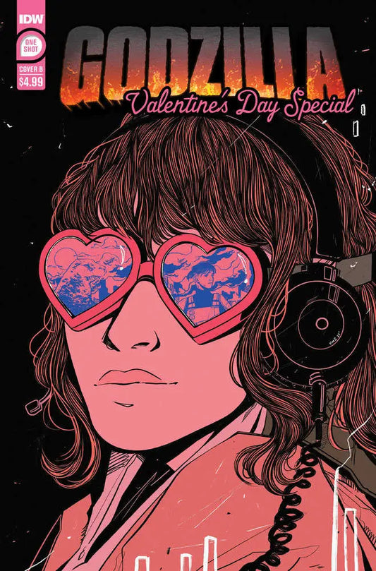Comic book cover for Godzilla Valentine’s Day Special with heart-shaped sunglasses reflecting kaiju battles and trading cards