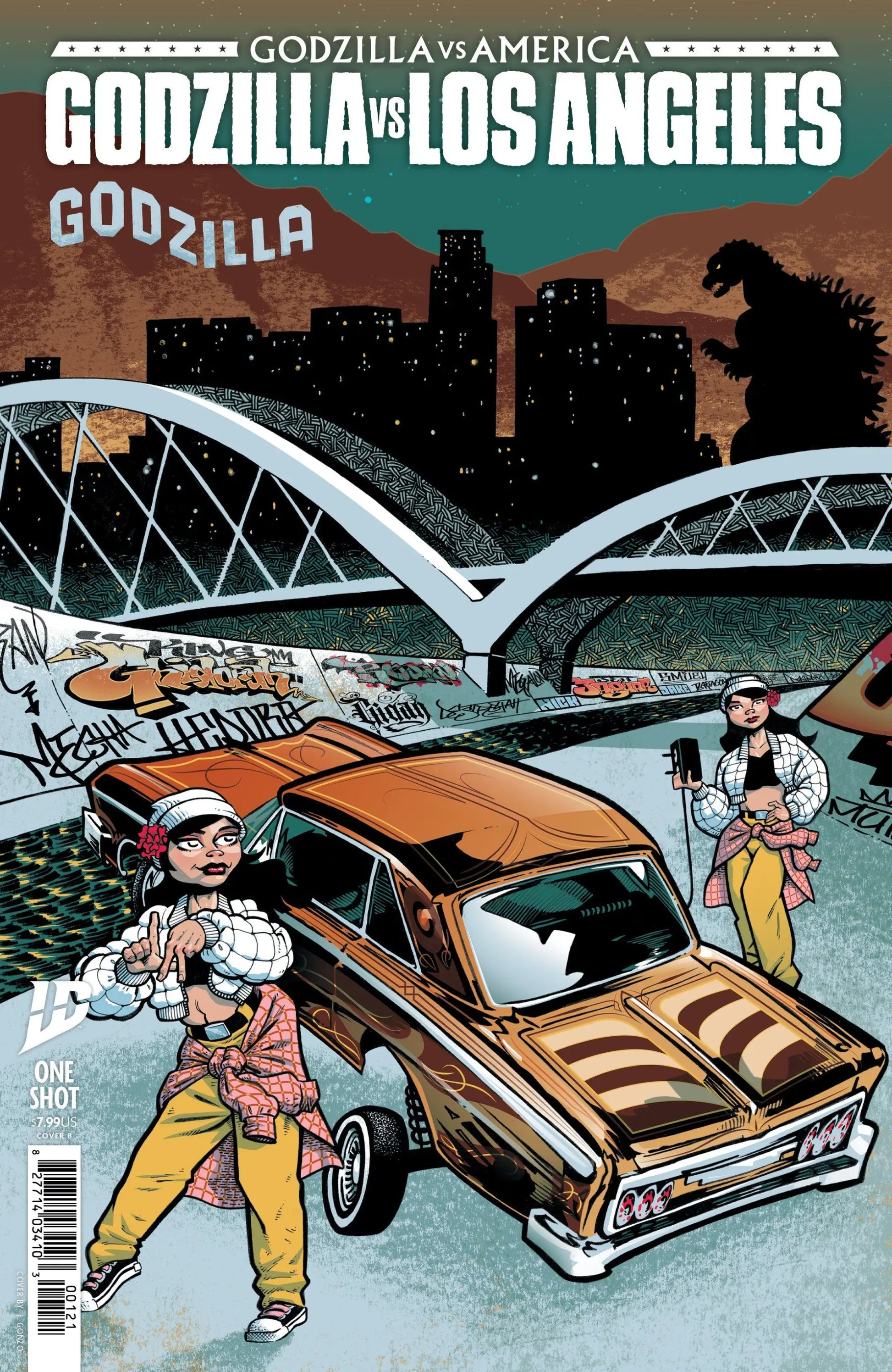 Comic book cover of Godzilla vs. America Los Angeles Variant B featuring Los Angeles imagery
