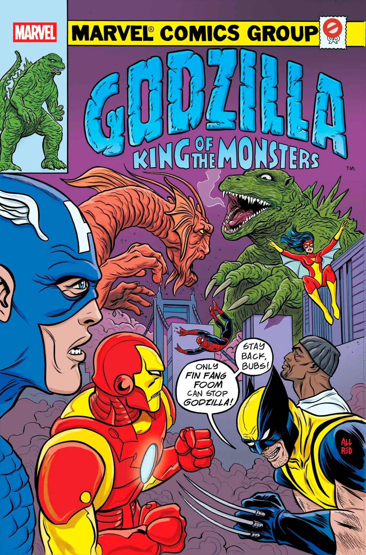 Marvel comic book cover featuring Godzilla vs Avengers #1 by Mike Allred with earth’s mightiest theme