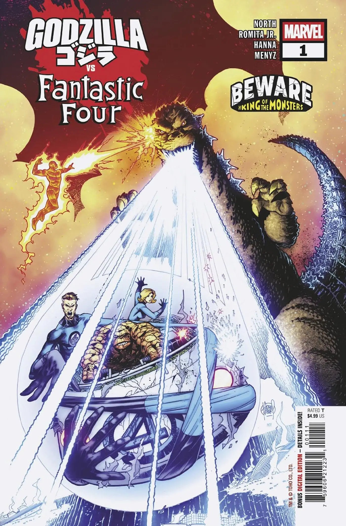 Comic book cover of Godzilla vs. Fantastic Four featuring Marvel heroes battling in an action-packed issue