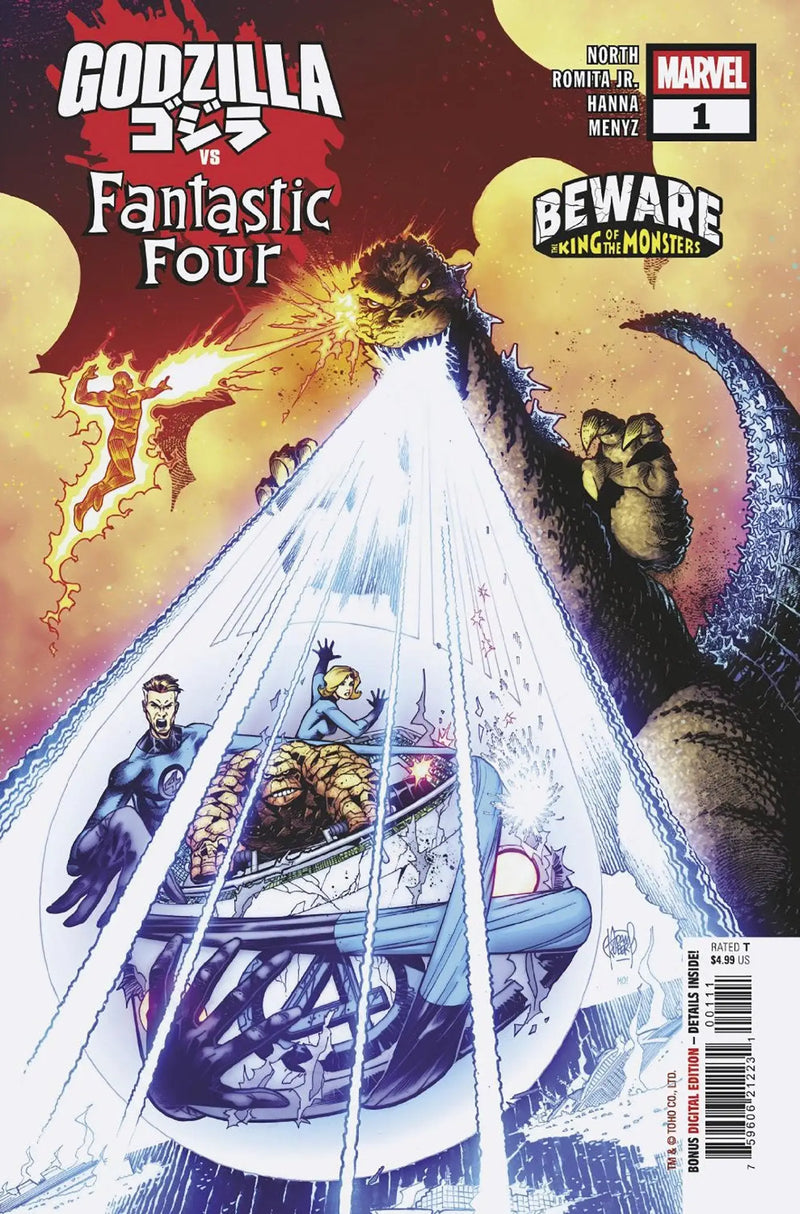 Comic book cover of Godzilla vs. Fantastic Four featuring Marvel heroes battling in an action-packed issue