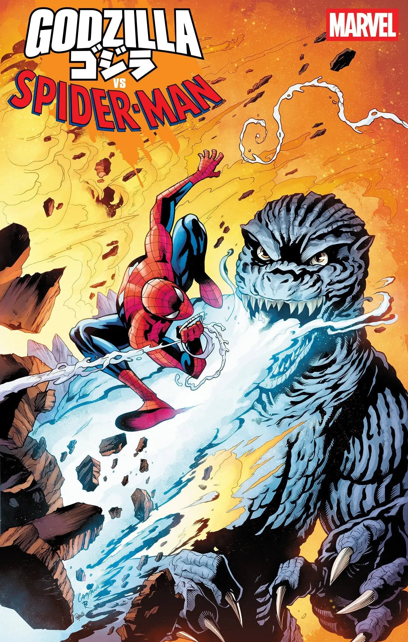 Comic book cover featuring Godzilla versus Spider-Man from Godzilla vs. Spider-Man #1 Chris Campana Variant with Amazing Spider-Man artwork