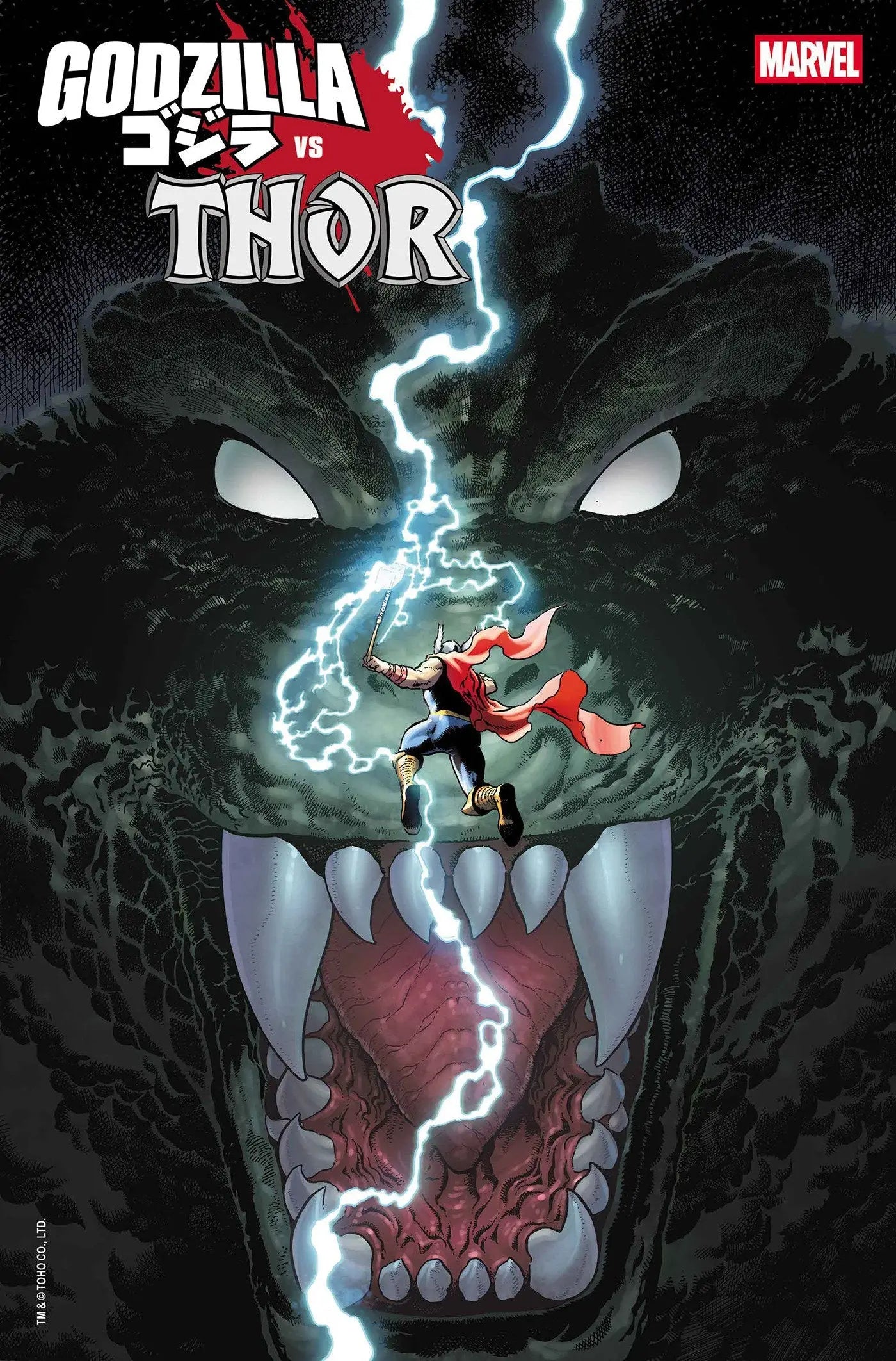 Comic book cover for Godzilla vs. Thor #1 featuring epic monster battles