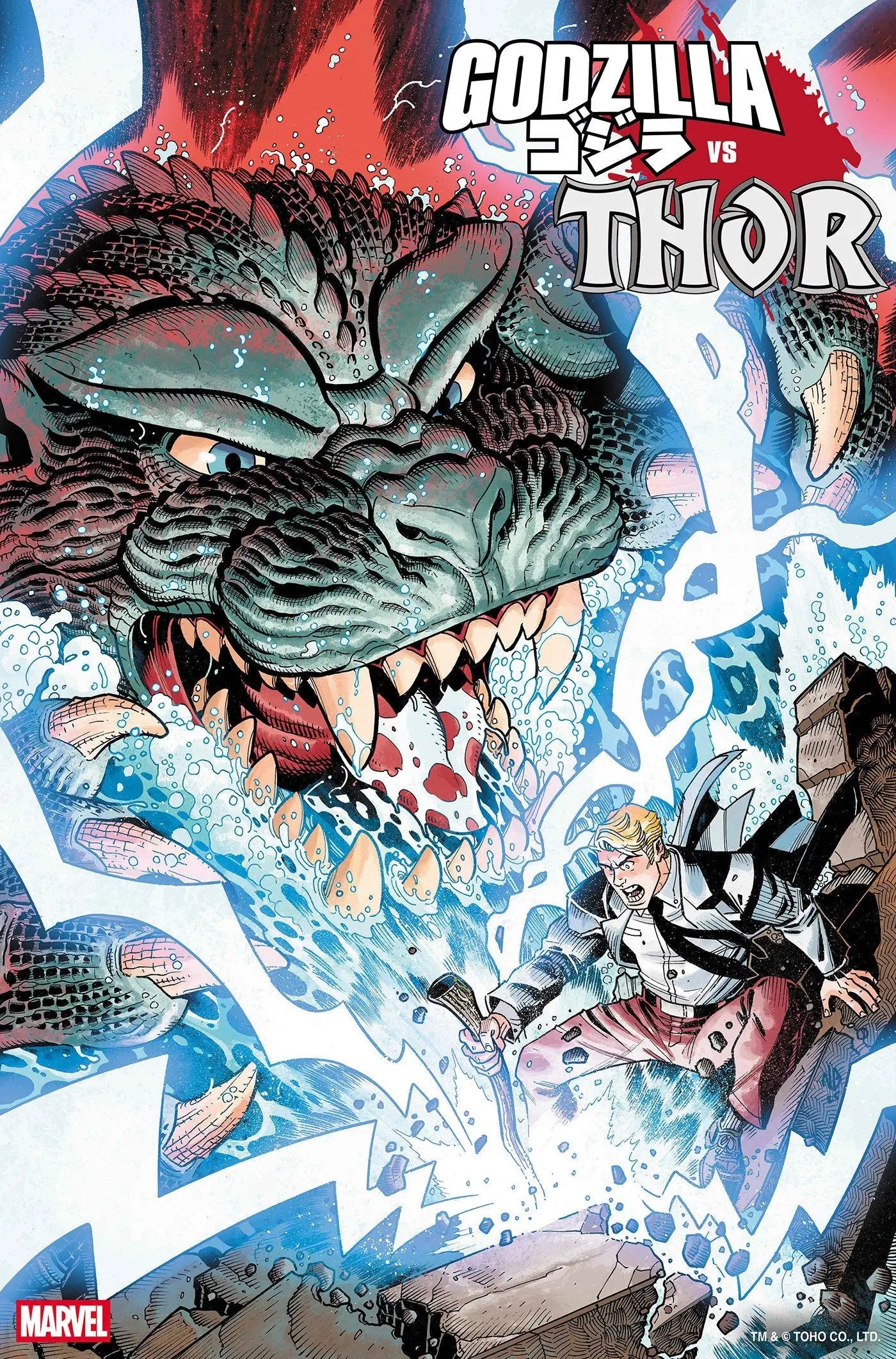 Comic book cover for Godzilla vs Thor #1 Nick Bradshaw Monster Homage Variant