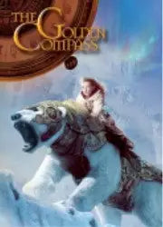 Book cover on Golden Compass GC-P1 Promo Card featuring a person riding a polar bear