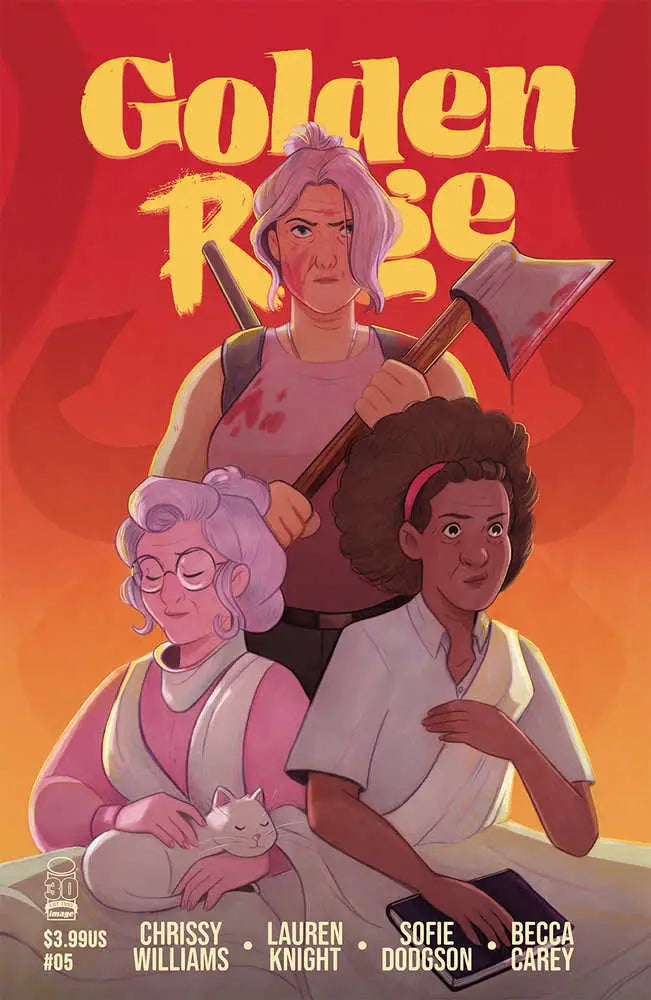 Golden Rage comic book cover featuring three characters and a cat in illustrated style