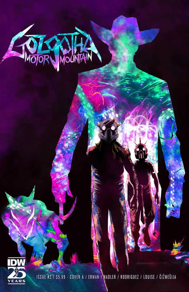 Neon silhouette of figure and companion pet glowing in vibrant colors for Golgotha County trading cards